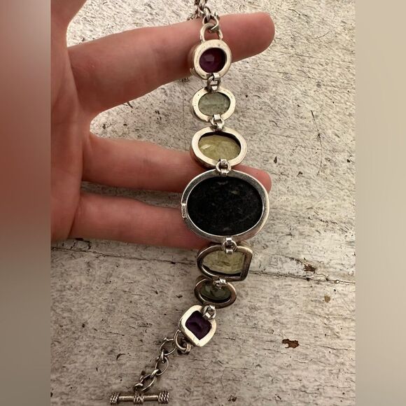 Vintage Multi Gemstone 925 Sterling Toggle Closure Bracelet - Picture 8 of 9